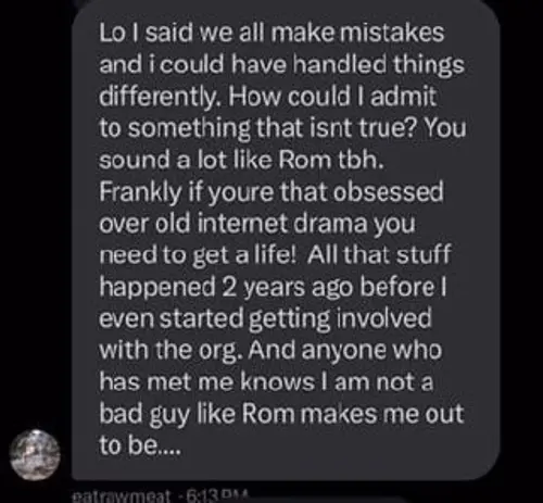 Chat screenshot where eatrawmeat says everyone makes mistakes, says he could have handled things differently, and describes the situation as old internet drama.