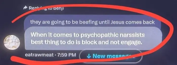 Chat screenshot where eatrawmeat says the best thing to do with psychopathic narcissists is block and not engage.