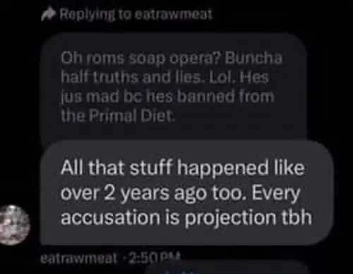 Chat screenshot where eatrawmeat says accusations about events from over two years ago are projection.
