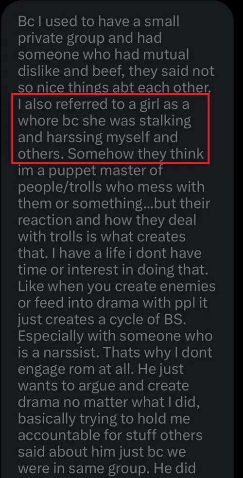 Chat screenshot where eatrawmeat says he referred to a girl as a whore and claims she was stalking and harassing him and others.