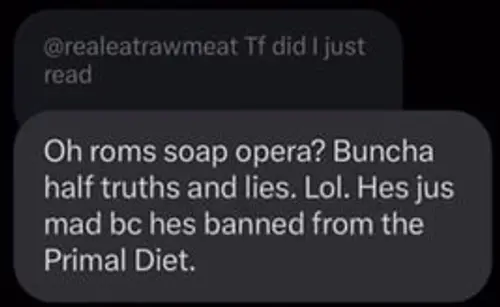 X screenshot where Chris claims Rom is banned from The Primal Diet.