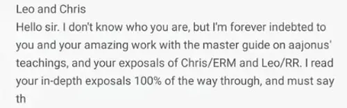 Message screenshot titled Leo and Chris thanking the recipient for exposals of Chris and Leo.