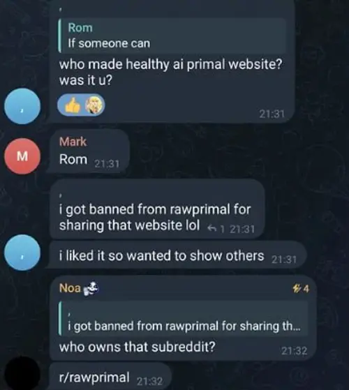Chat screenshot where someone says they were banned from rawprimal for sharing the website and wanted to show others.