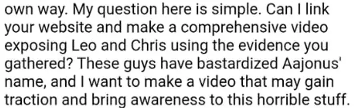 Message screenshot asking to link the website and make a video exposing Leo and Chris using the evidence gathered.