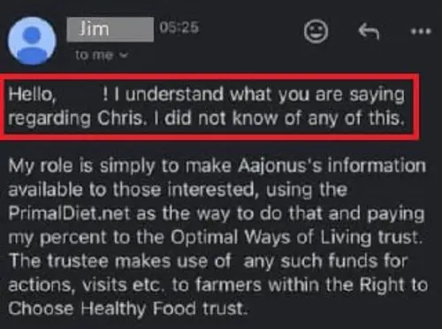 Email screenshot where Jim says he did not know about the situation regarding Chris.