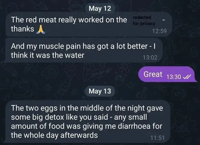 Chat screenshot where someone says red meat worked, muscle pain improved, and eggs caused the detox reaction described in the advice.